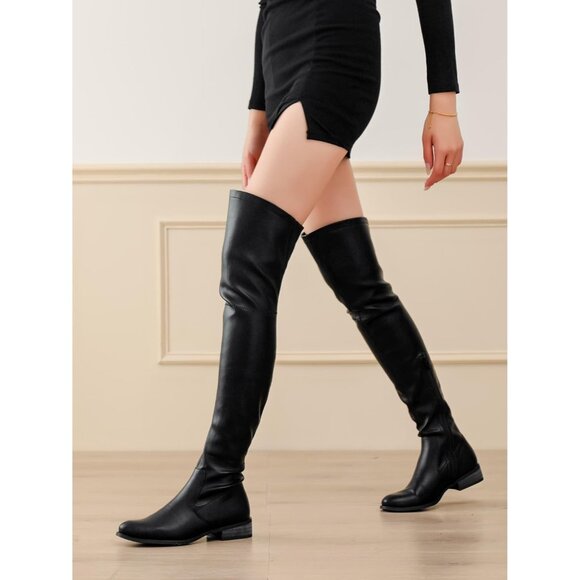 🆕Women Pu Black Over The Knee Boots Thigh High Low Block Heel Pointed Toe Boot - Picture 11 of 11